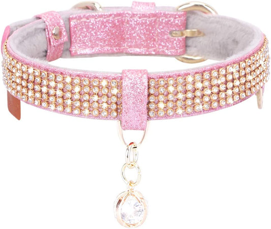 Cat Collar, Dog Collar, [Bling Rhinestones] Premium PU Leather with Pendant Adjustable Collars for Small to Medium Dog Medium Pink