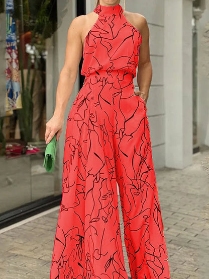 Women'S Elegant Waist Halter Jumpsuit Casual Print Tie Sleeveless Wide Leg Long Pant Summer Clothing