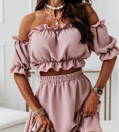 Summer Woman'S Skirt Sets Solid Strapless Sexy Elastic Waistless Ruffle Short Puff Sleeve Tops Skirt Casual Party 2-Piece Suit