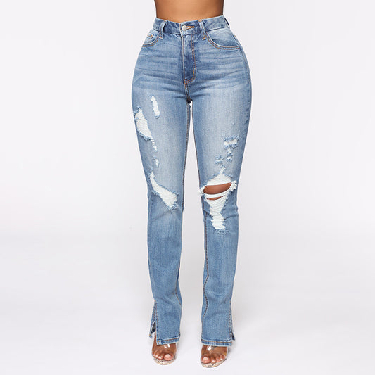 Split Jeans Women'S, Blue Water Washed Hole High Waist