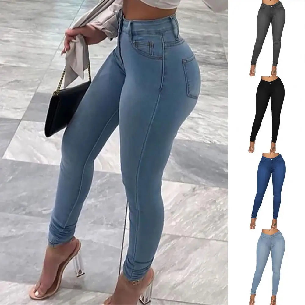 Cool Women Jeans Retro Butt-Lifting Lady Skinny Jeans Slim Fit Button Zipper Fly Denim Trousers for Office