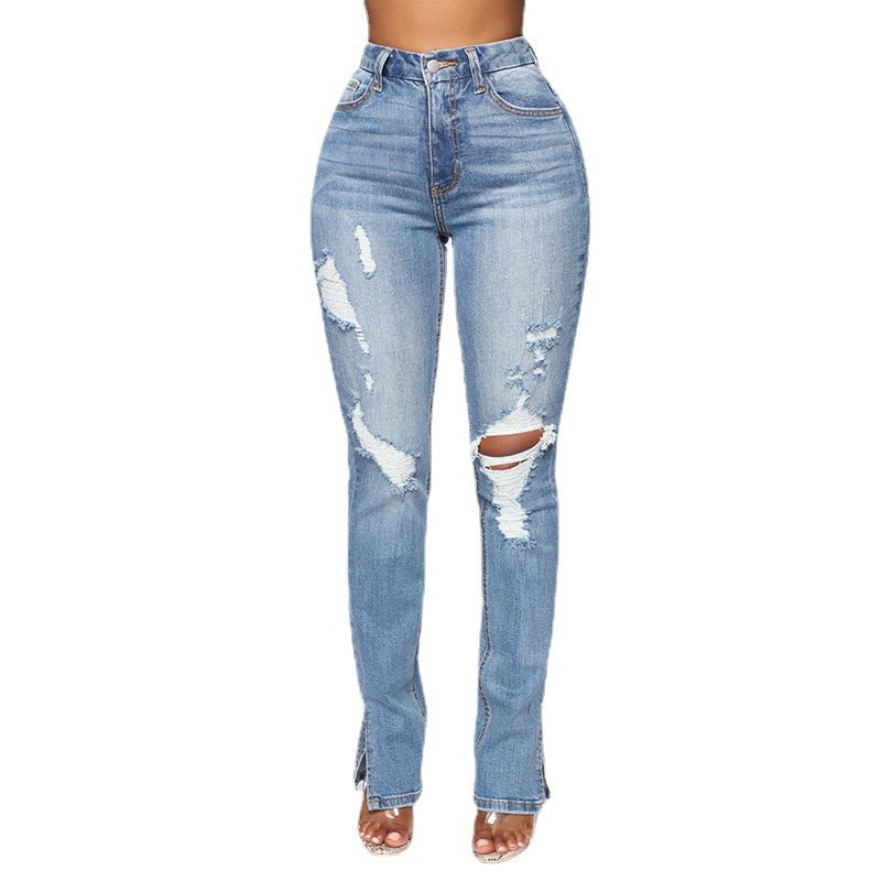 Split Jeans Women'S, Blue Water Washed Hole High Waist