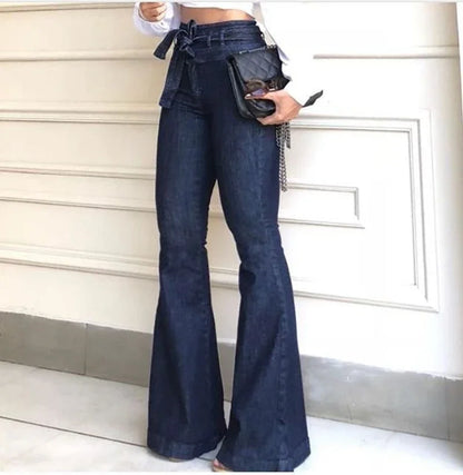 Women Denim Tie Waist Flare Jeans Boyfriend Jeans Ladies High Waist Skinny Bell Bottom Jeans Pants Autumn Wide Leg Mom Jeans