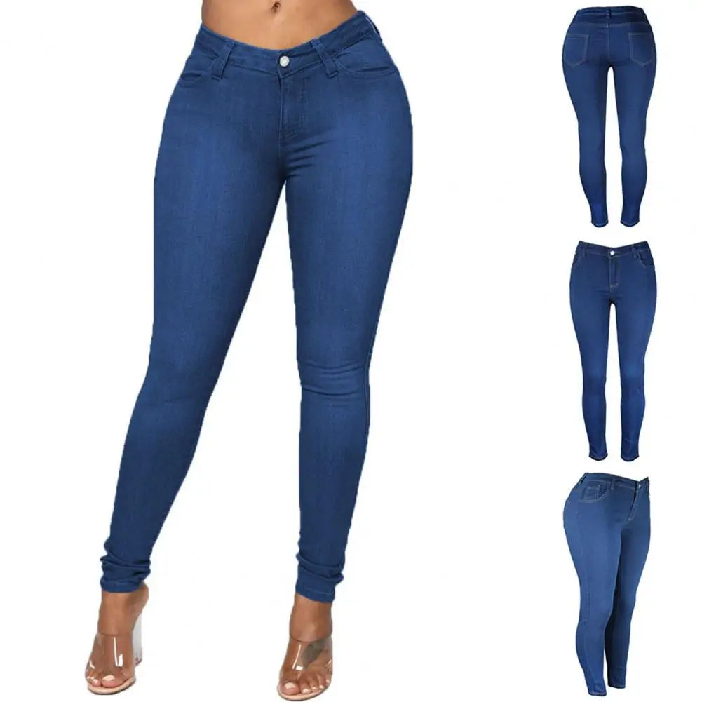 Cool Women Jeans Retro Butt-Lifting Lady Skinny Jeans Slim Fit Button Zipper Fly Denim Trousers for Office