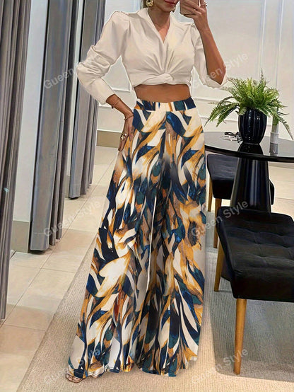 Elegant Geometric Print Loose Wide Leg Fashionable Pants for Women Autumn/Winter Wear