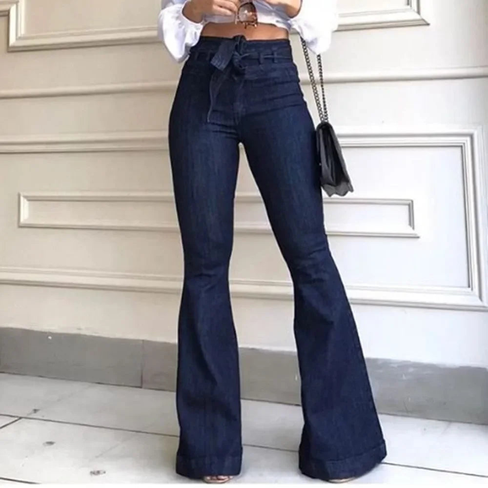 Women Denim Tie Waist Flare Jeans Boyfriend Jeans Ladies High Waist Skinny Bell Bottom Jeans Pants Autumn Wide Leg Mom Jeans