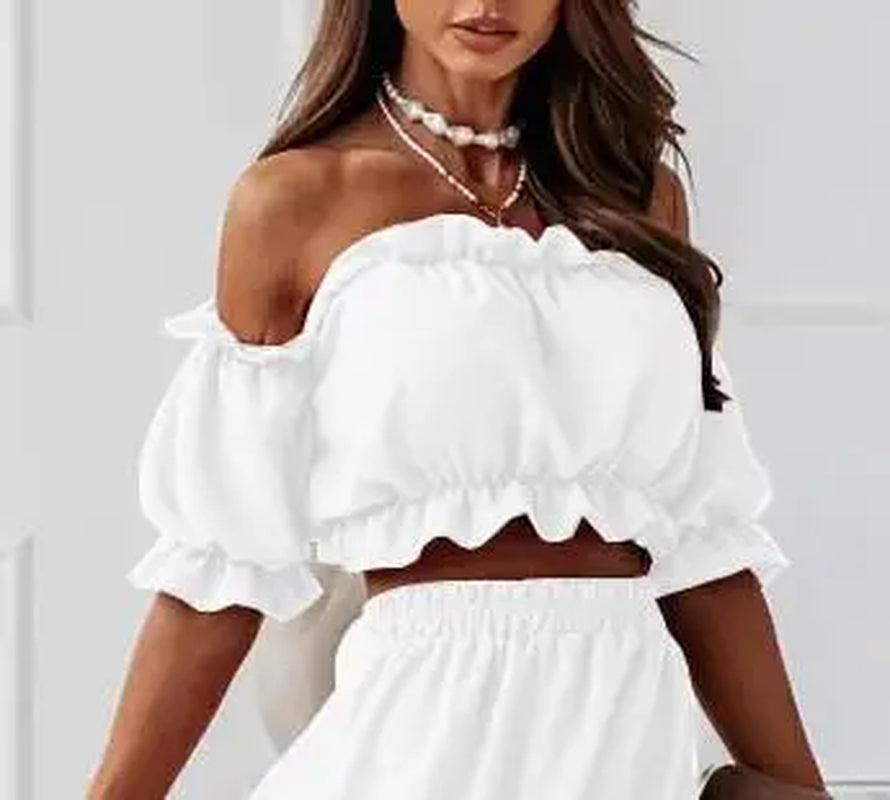 Summer Woman'S Skirt Sets Solid Strapless Sexy Elastic Waistless Ruffle Short Puff Sleeve Tops Skirt Casual Party 2-Piece Suit