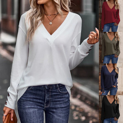 V-Neck Loose Long Sleeve T-Shirt Button