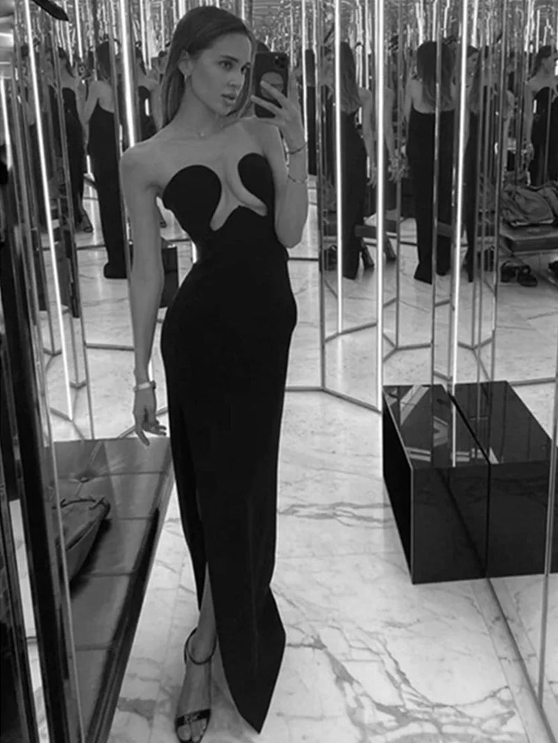 Women Winter Sexy Strapless Backless Split Black Maxi Long Bodycon Bandage Dress 2022 Elegant Evening Party Club Dress Vestidos