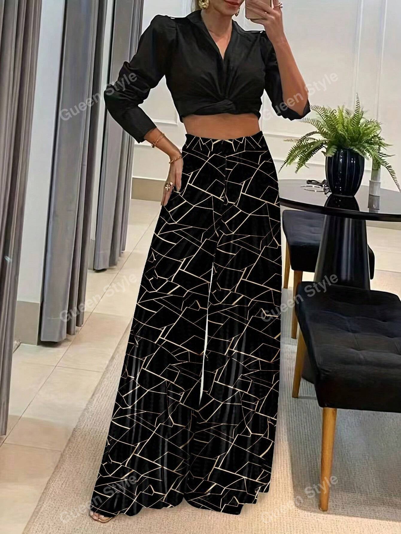 Elegant Geometric Print Loose Wide Leg Fashionable Pants for Women Autumn/Winter Wear