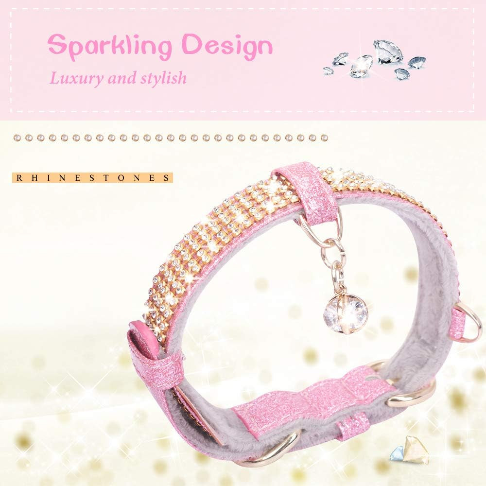 Cat Collar, Dog Collar, [Bling Rhinestones] Premium PU Leather with Pendant Adjustable Collars for Small to Medium Dog Medium Pink