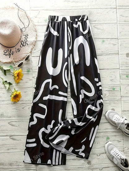 Elegant Geometric Print Loose Wide Leg Fashionable Pants for Women Autumn/Winter Wear