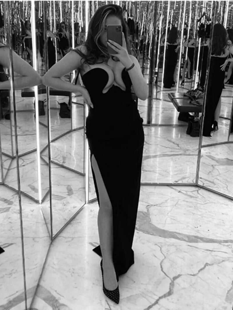 Women Winter Sexy Strapless Backless Split Black Maxi Long Bodycon Bandage Dress 2022 Elegant Evening Party Club Dress Vestidos