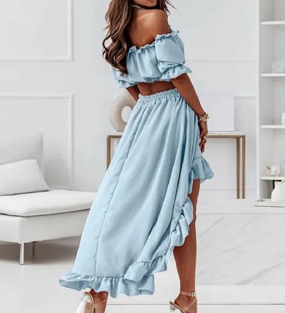 Summer Woman'S Skirt Sets Solid Strapless Sexy Elastic Waistless Ruffle Short Puff Sleeve Tops Skirt Casual Party 2-Piece Suit