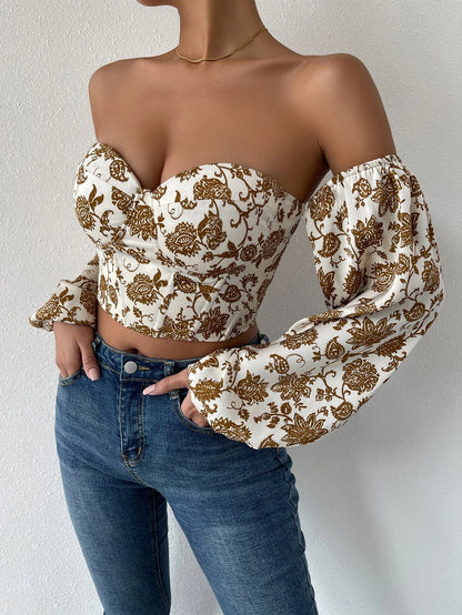 SHEIN Privé Paisley Print off Shoulder Tie Backless Lantern Sleeve Crop Top