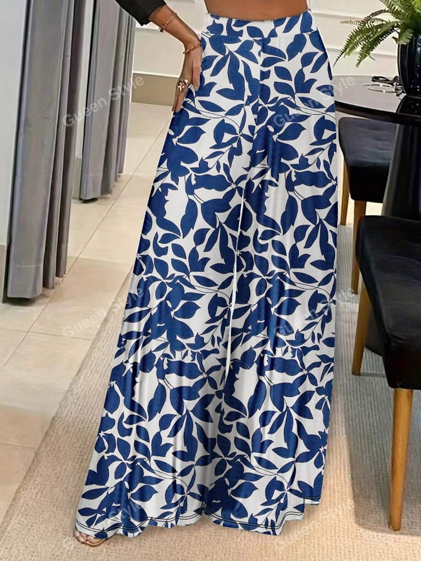 Elegant Geometric Print Loose Wide Leg Fashionable Pants for Women Autumn/Winter Wear