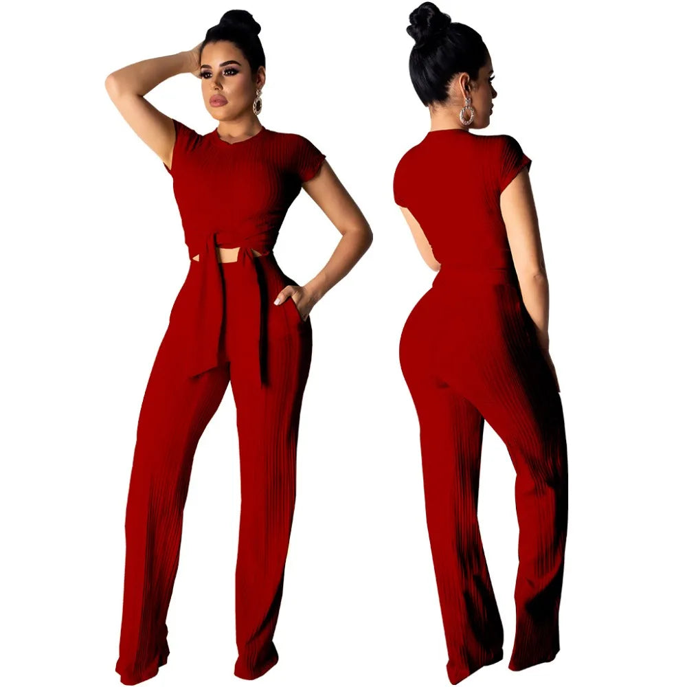 Women Bandage O-Neck Long Sleeve Crop Top Full Pants Tracksuits Two Pieces Set for Women Tops Pants 2 Piece Set Women'S Suit